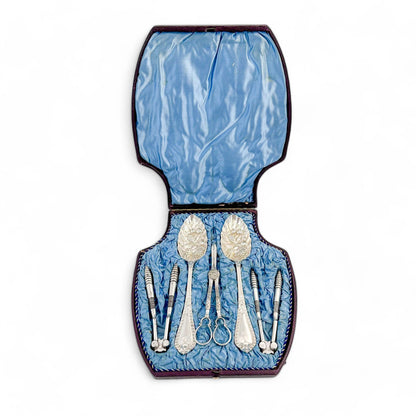 Victorian silver plate Walker & Hall boxed dessert serving cutlery set; Christmas nutcrackers and grape scissors