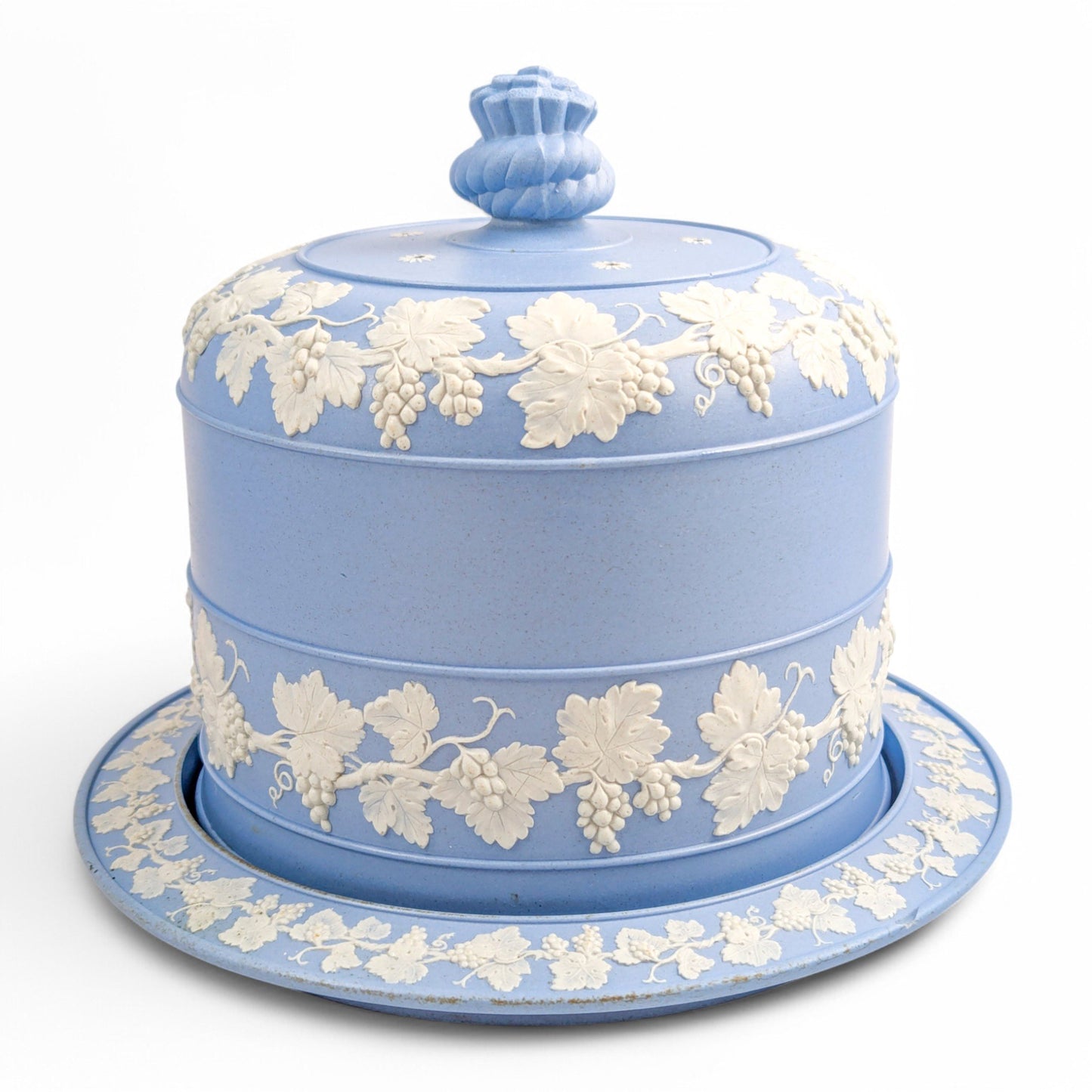 Antique English Wedgwood style blue jasperware cheese dome and stand with grapevine decoration, 19th century