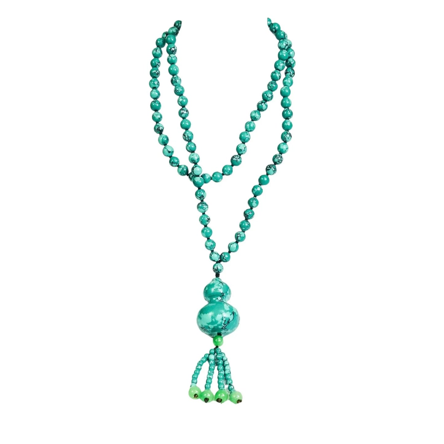 Large bead natural turquoise necklace with gourd pendant and jade tassels