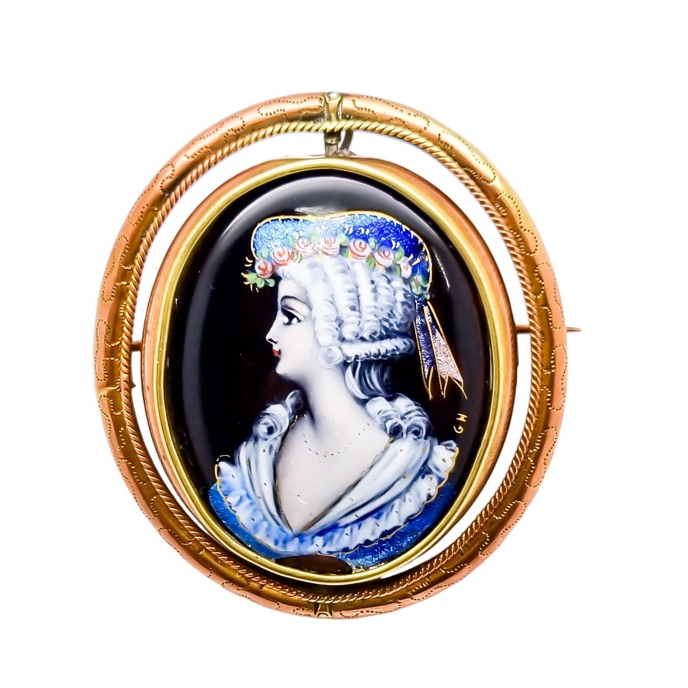 Antique large Limoges enamel Email d'Art portrait of lady swivel brooch signed "GH"