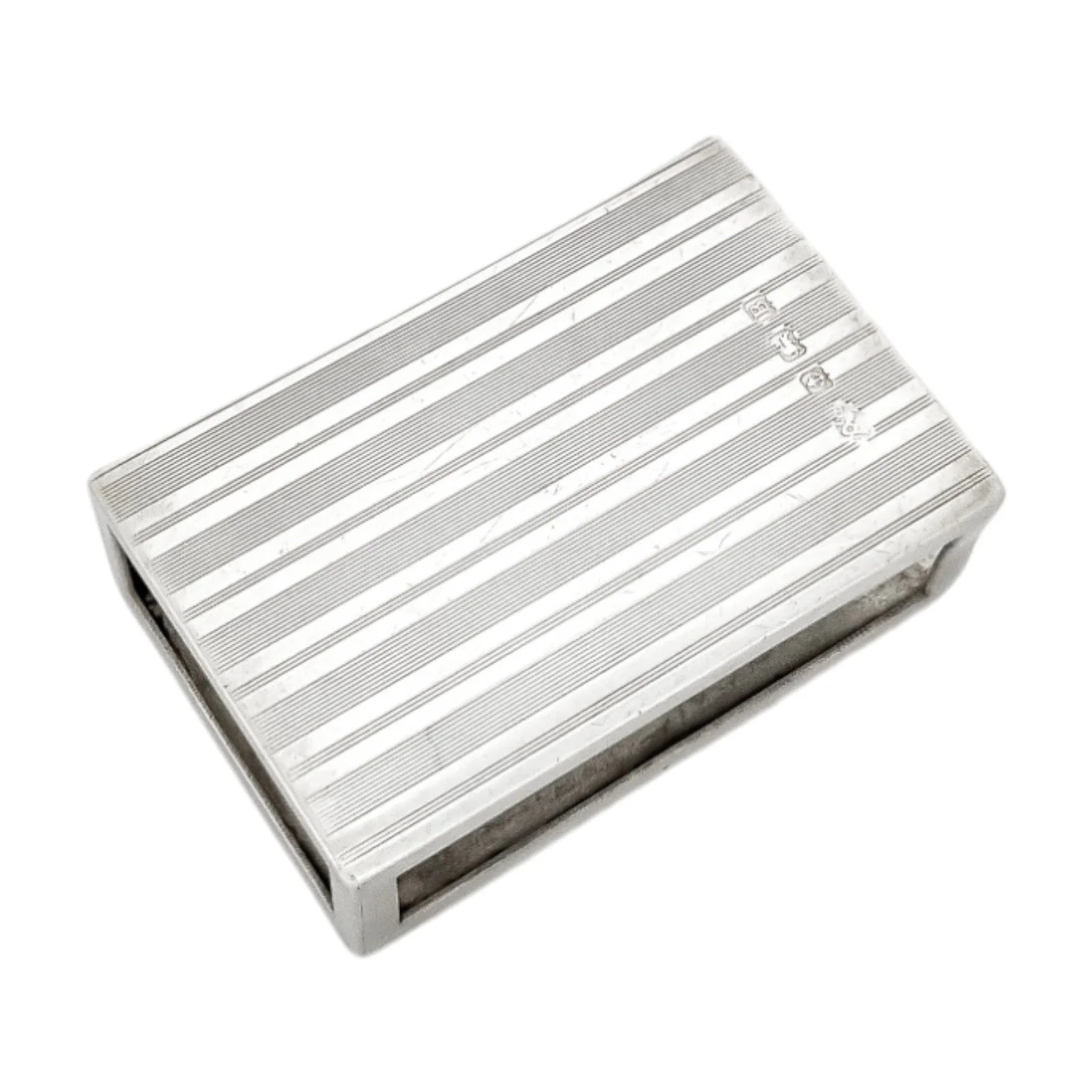 Art Deco sterling silver matchbox holder with vacant cartouche and banded design