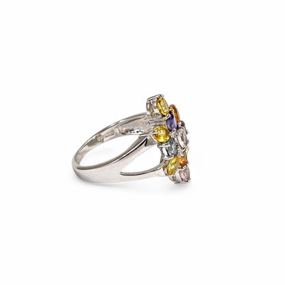 2ct multicolour sapphire 9ct white gold cluster ring, six-colour floral design, N 1/2