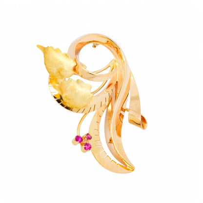 Vintage 1960's boxed Italian Varese 18ct gold floral spray brooch set with pink sapphires