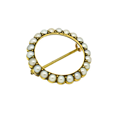 Victorian natural half pearl circle brooch / lace pin, 9ct yellow gold