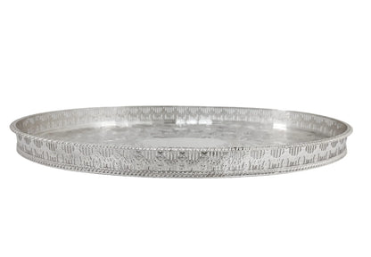 Oval silver plated gallery serving tray engraved with fruiting grapevines