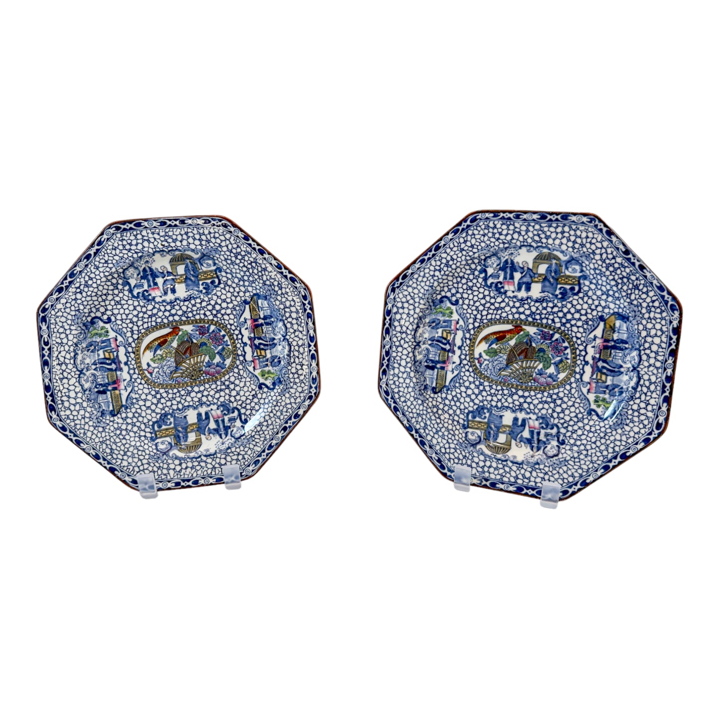 Art Deco Chinoiserie William Adams pair octagonal plates, Chinese Bird pattern