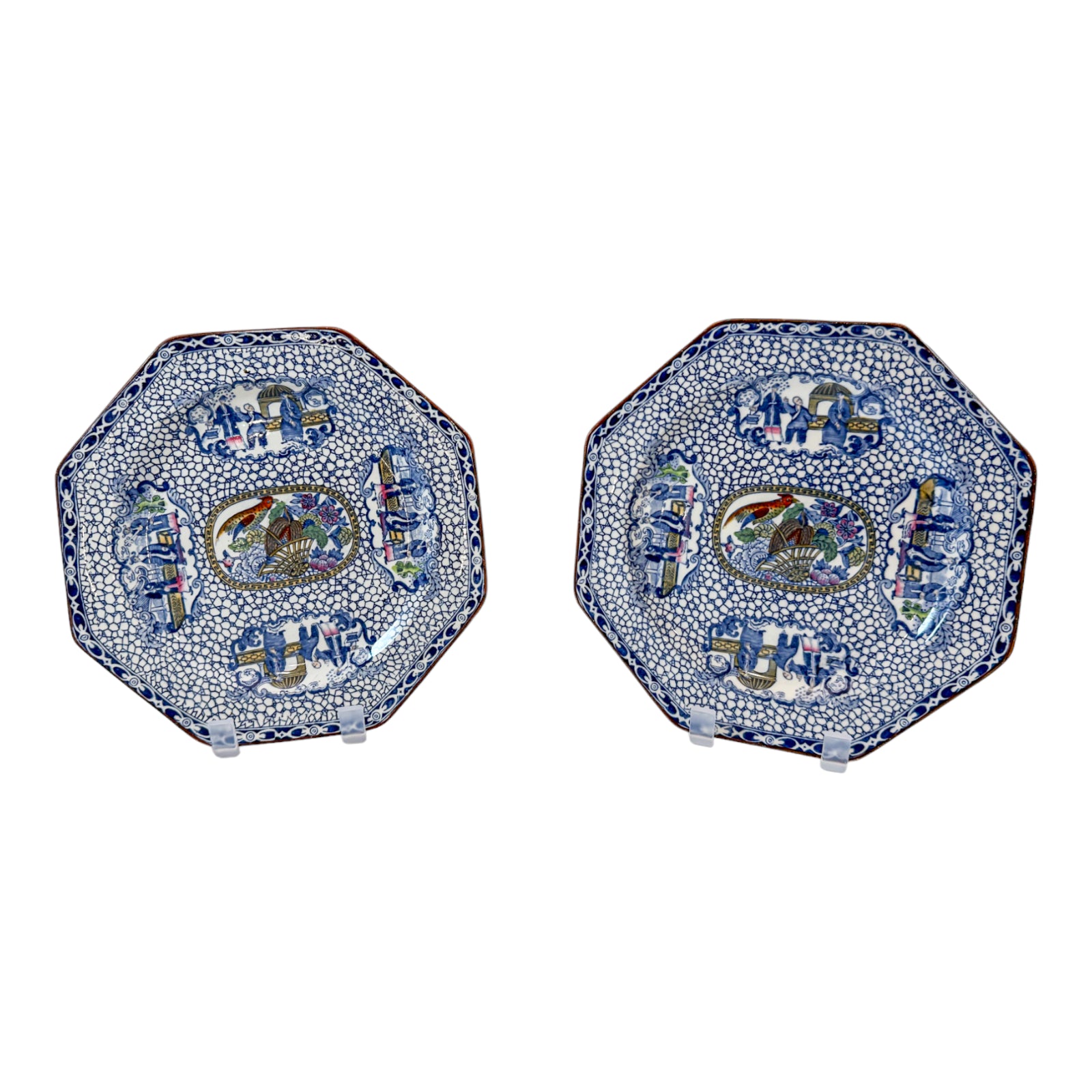 Art Deco Chinoiserie William Adams pair octagonal plates, Chinese Bird pattern