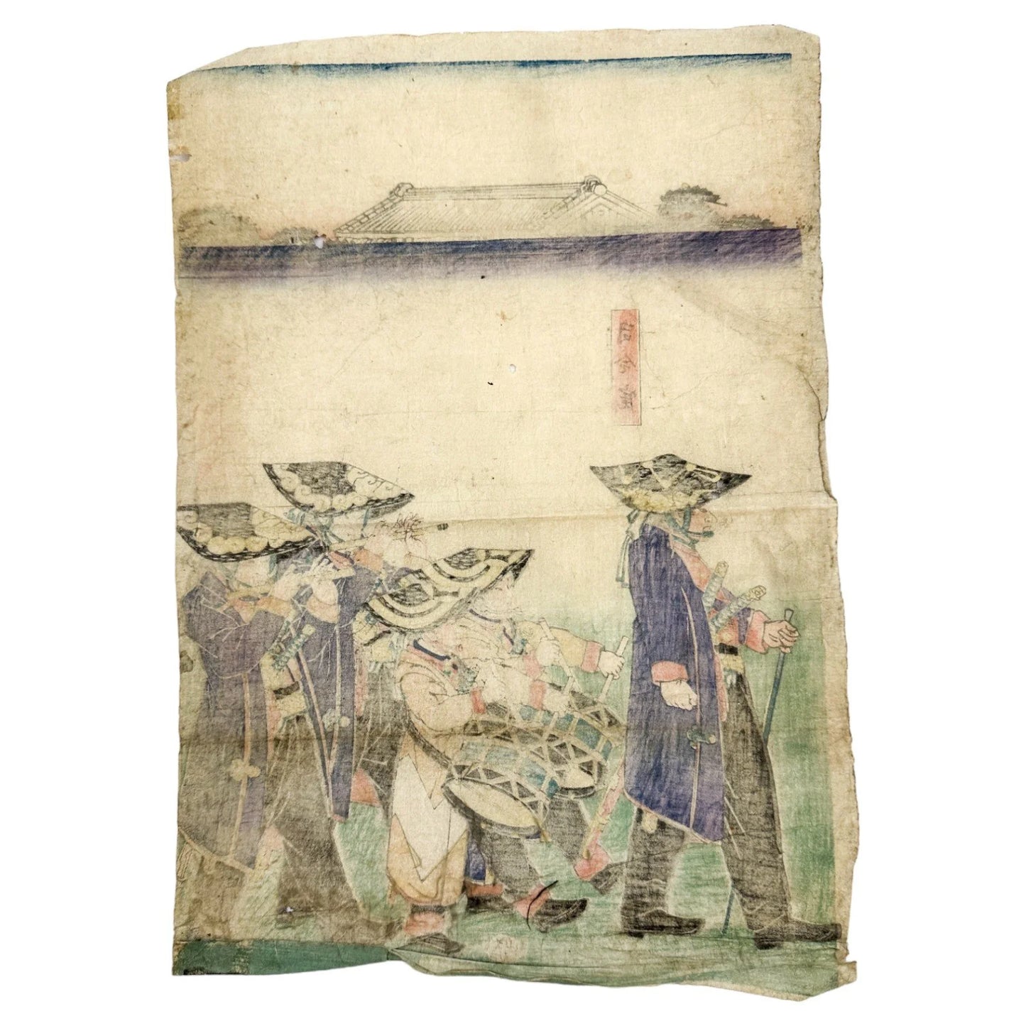 Edo period "Parade of the Emperor's Troops" woodblock print triptych by Utagawa Yoshifuji