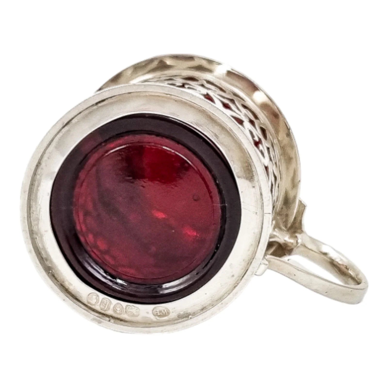 Victorian sterling silver large mustard with ruby liner and spoon condiment set, 1865