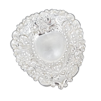 Edwardian sterling silver heart-shaped bonbon dish with bows