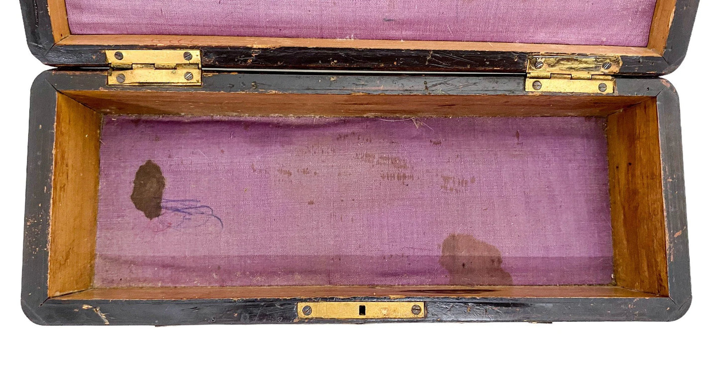Victorian glove box with Celtic brass overlay engraved with scrolls and foliage