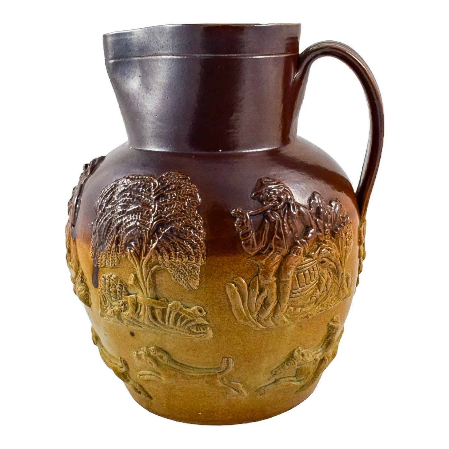 Victorian salt glaze two-tone stoneware jug with foxhunt and village scenes, style of Doulton Lambeth