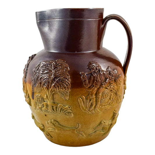 Victorian salt glaze two-tone stoneware jug with foxhunt and village scenes, style of Doulton Lambeth