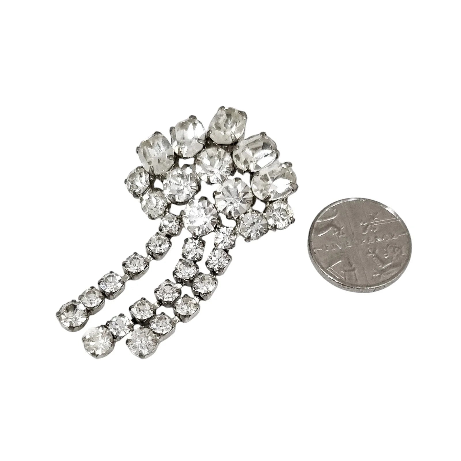 60’s rhinestone dangling fan-shaped brooch