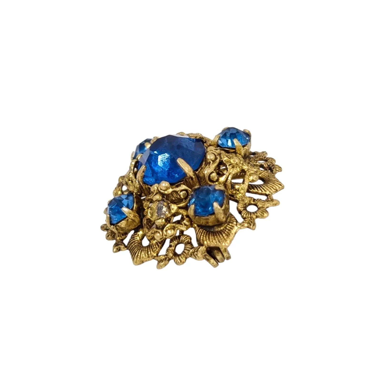 1960’s small Czechoslovakian blue glass gilt filigree brooch