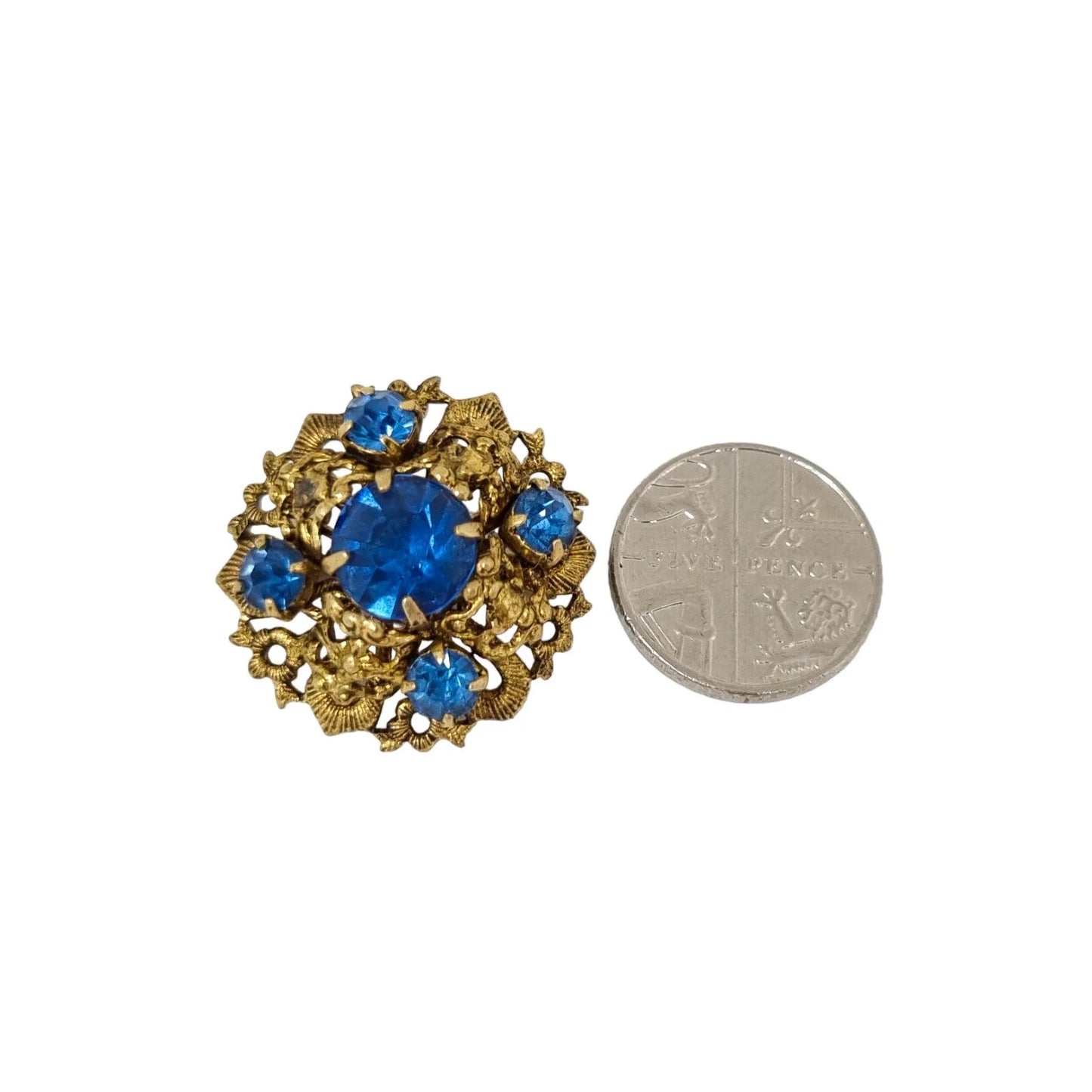 1960’s small Czechoslovakian blue glass gilt filigree brooch