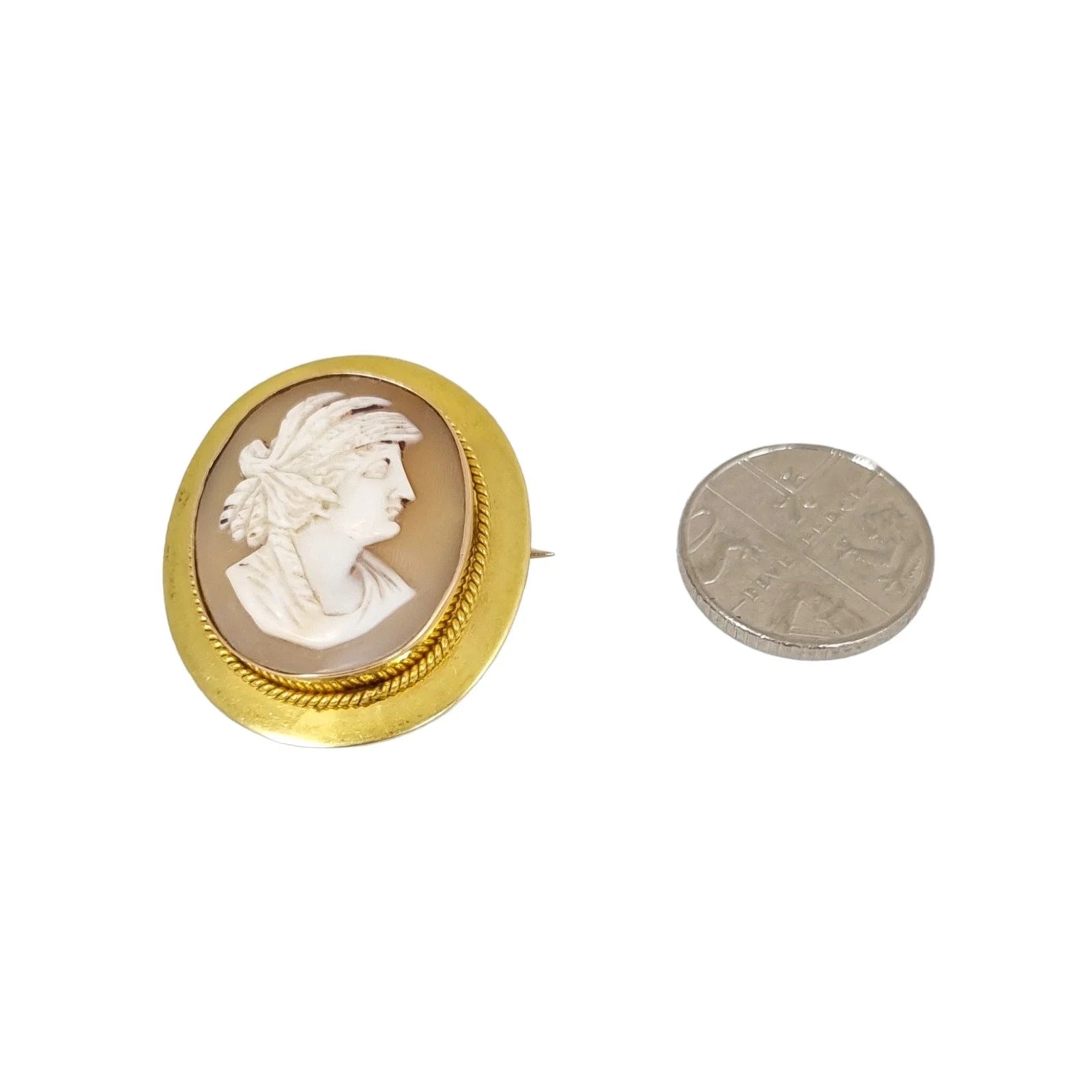 Victorian 15 ct gold shell cameo of Greek woman in profile
