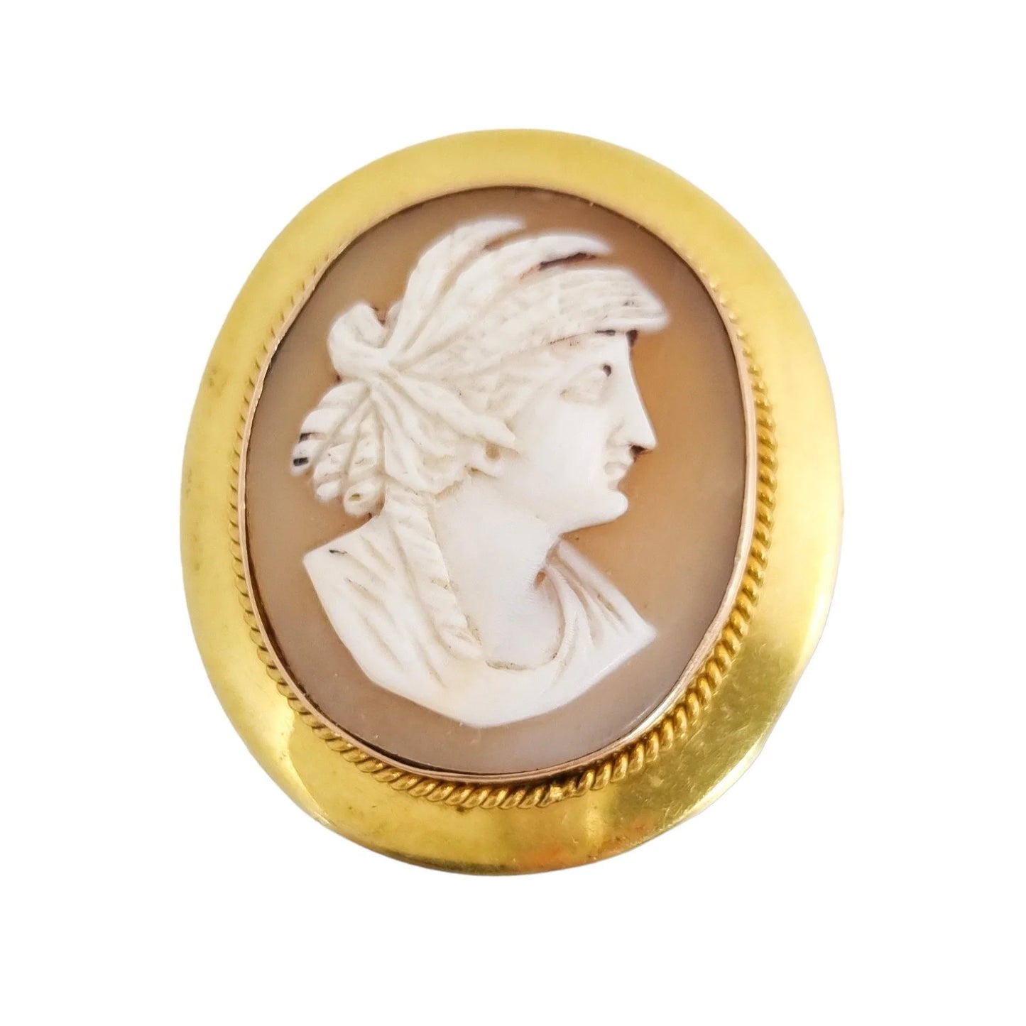 Victorian 15 ct gold shell cameo of Greek woman in profile