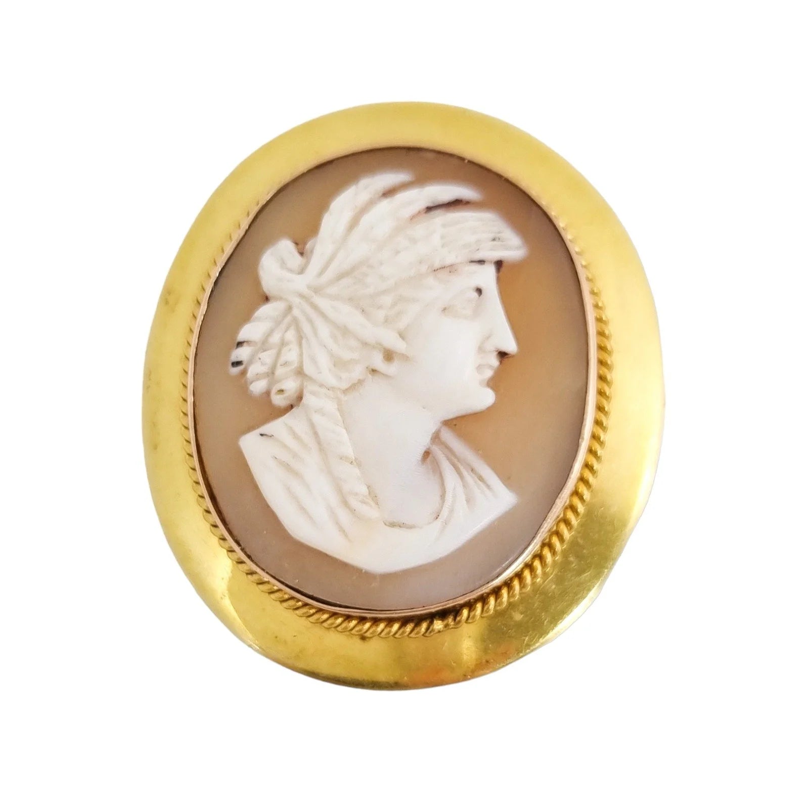 Victorian 15 ct gold shell cameo of Greek woman in profile