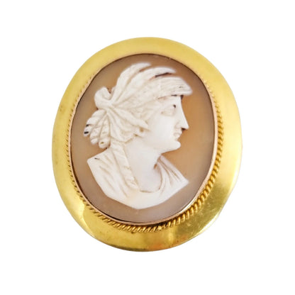Victorian 15 ct gold shell cameo of Greek woman in profile