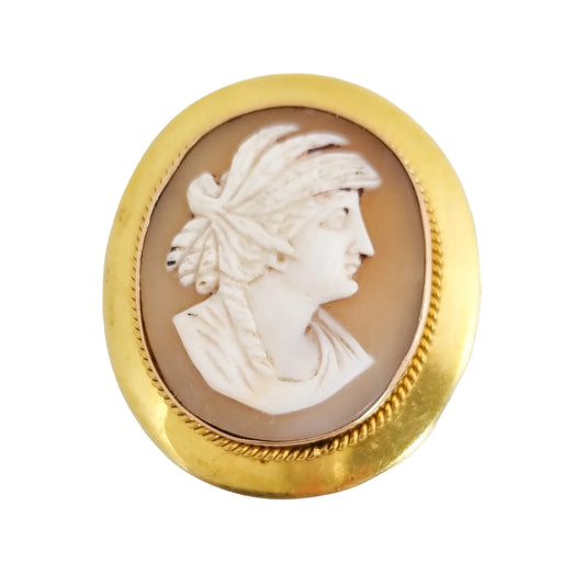 Victorian 15 ct gold shell cameo of Greek woman in profile
