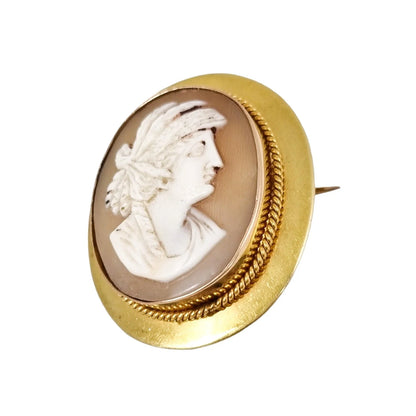 Victorian 15 ct gold shell cameo of Greek woman in profile