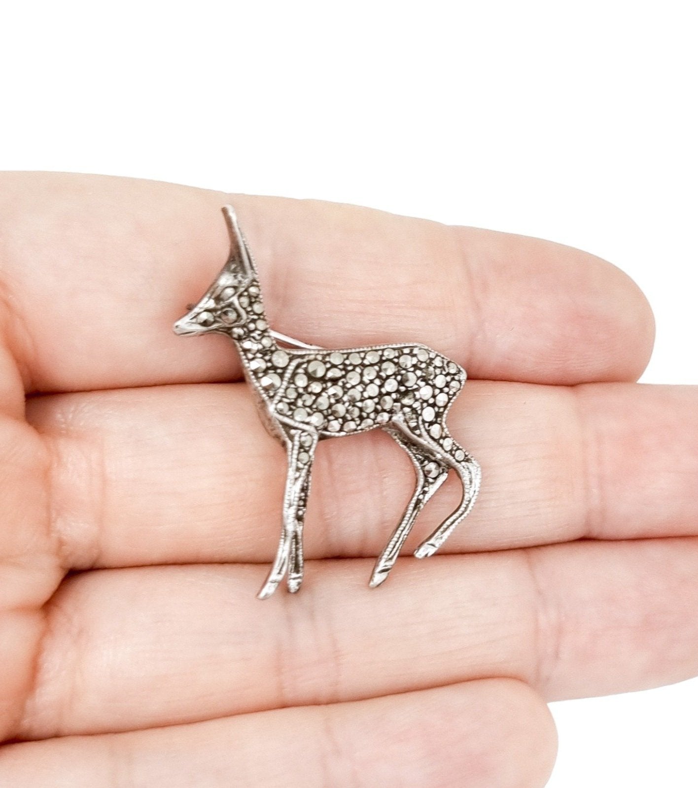 Art Deco German sterling silver and marcasite baby deer brooch