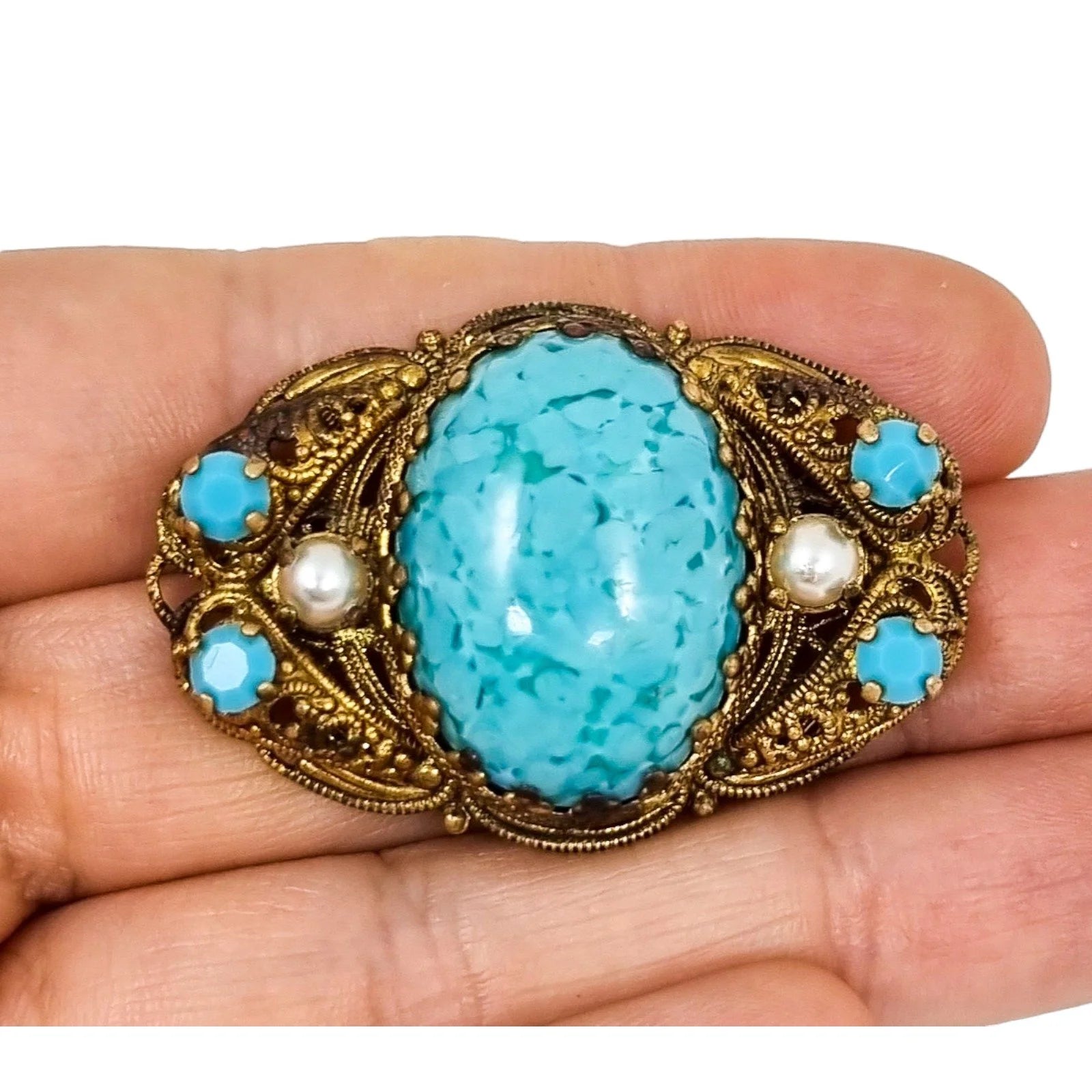 Large vintage gilt brass 1940’s Czechoslovakia turqouise glass filigree brooch