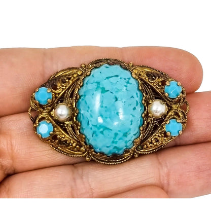 Large vintage gilt brass 1940’s Czechoslovakia turqouise glass filigree brooch
