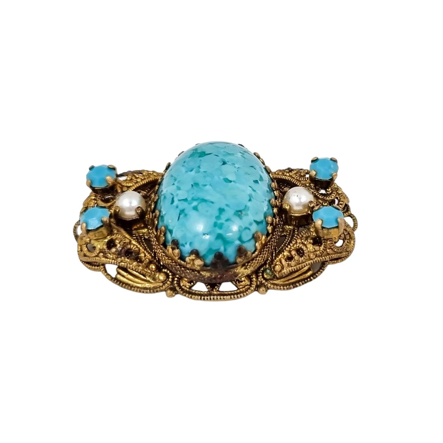 Large vintage gilt brass 1940’s Czechoslovakia turqouise glass filigree brooch