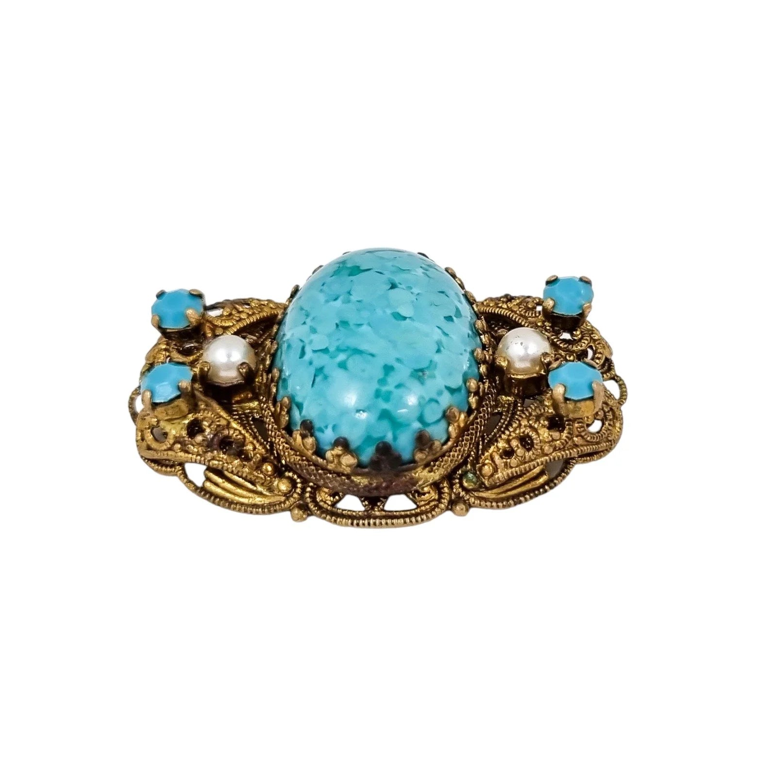Large vintage gilt brass 1940’s Czechoslovakia turqouise glass filigree brooch