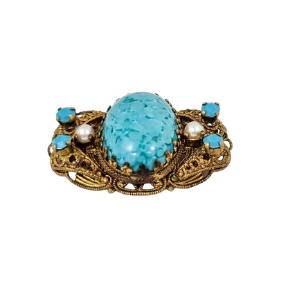 Large vintage gilt brass 1940’s Czechoslovakia turqouise glass filigree brooch