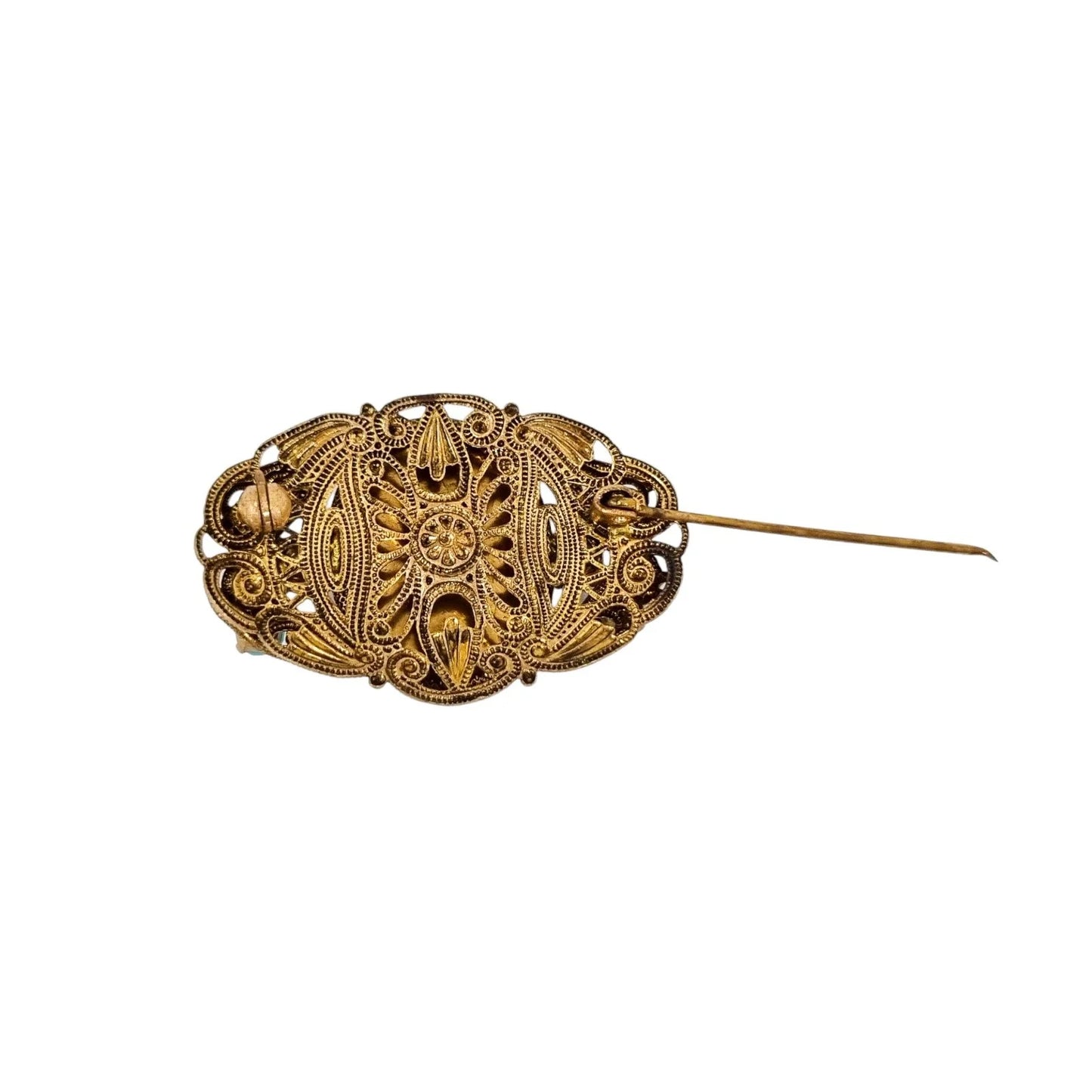 Large vintage gilt brass 1940’s Czechoslovakia turqouise glass filigree brooch