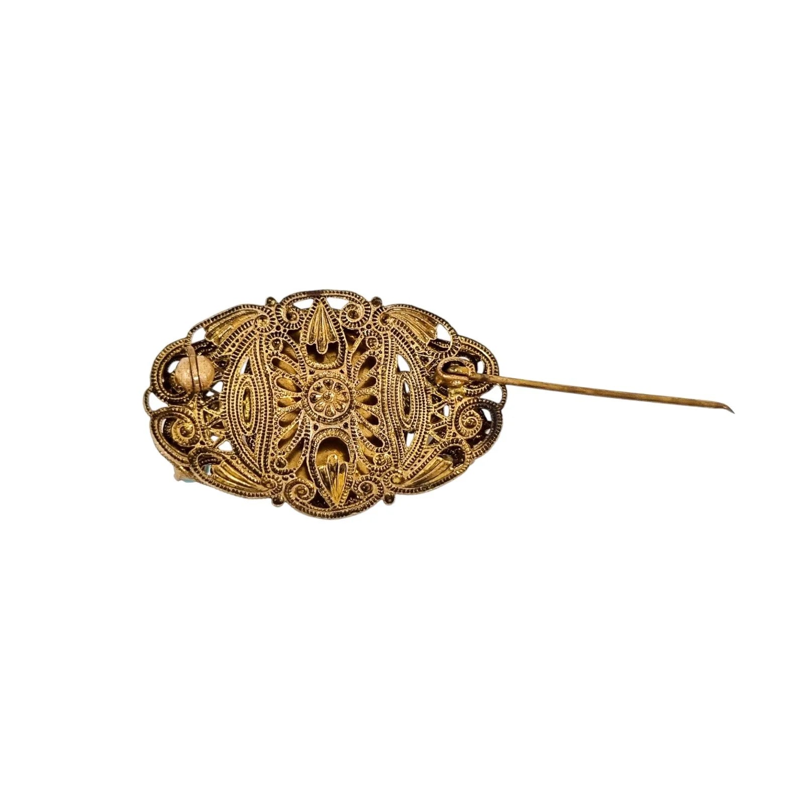 Large vintage gilt brass 1940’s Czechoslovakia turqouise glass filigree brooch
