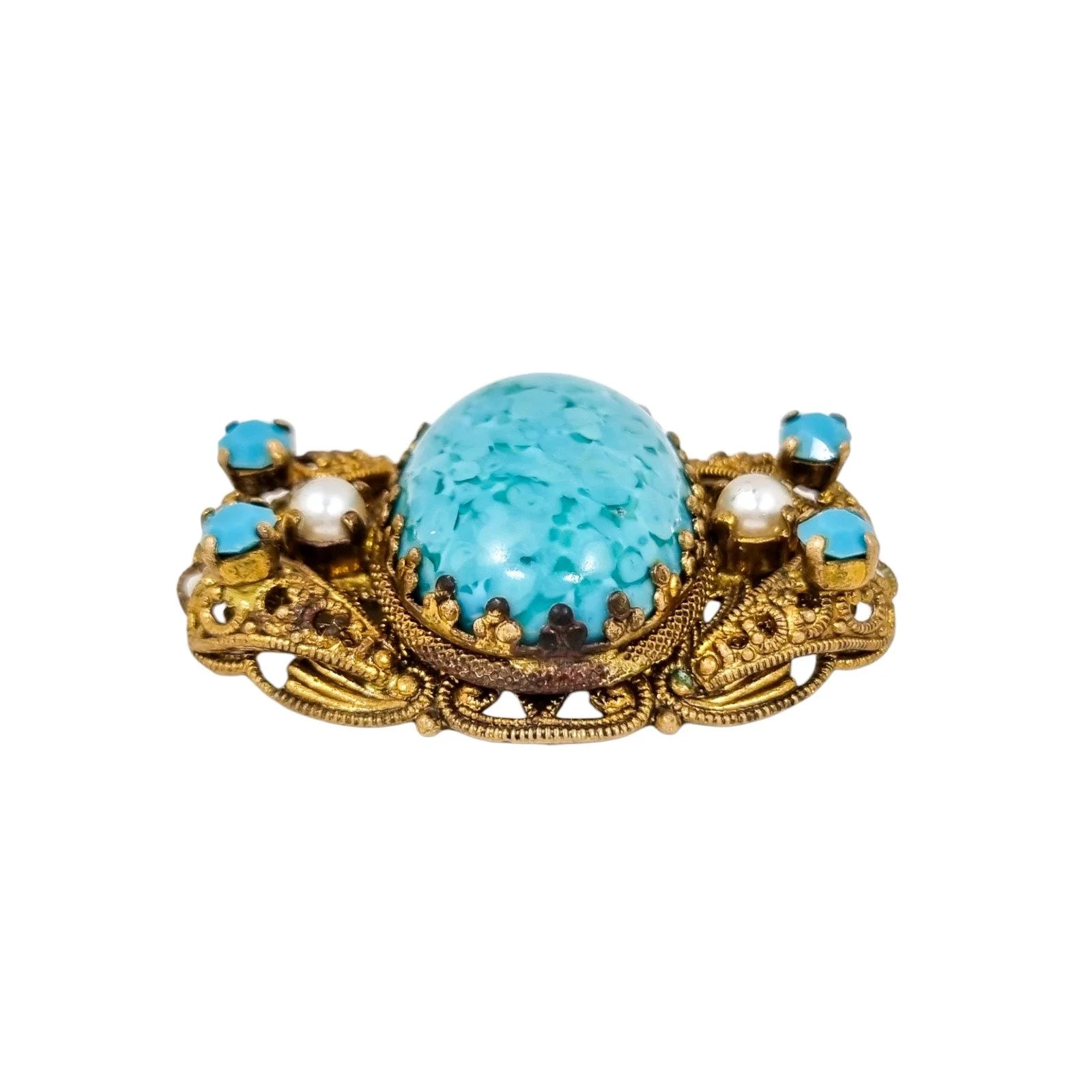 Large vintage gilt brass 1940’s Czechoslovakia turqouise glass filigree brooch