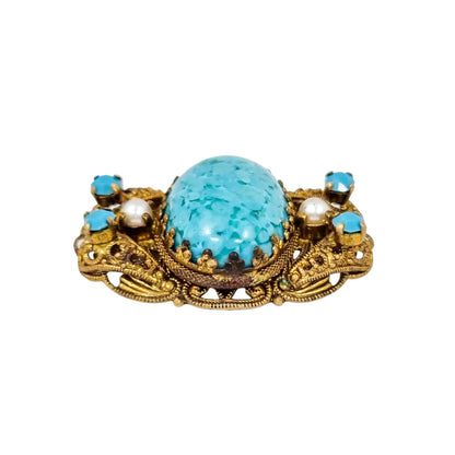 Large vintage gilt brass 1940’s Czechoslovakia turqouise glass filigree brooch