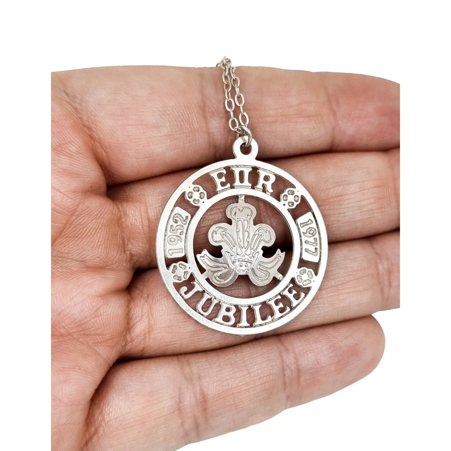 Vintage Elizabeth II 1977 Silver Jubilee openwork pendant necklace on sterling rolo chain