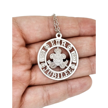 Vintage Elizabeth II 1977 Silver Jubilee openwork pendant necklace on sterling rolo chain