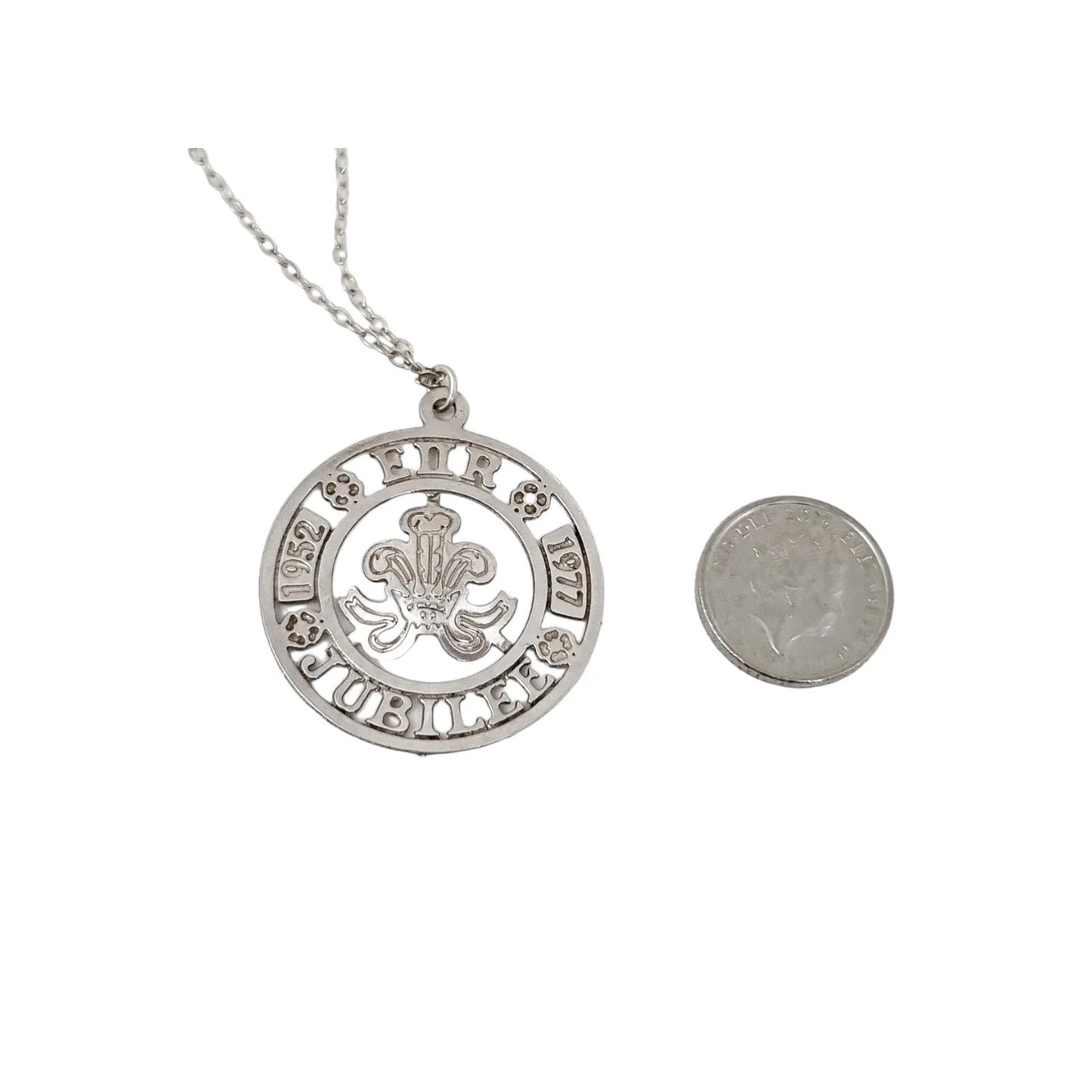 Vintage Elizabeth II 1977 Silver Jubilee openwork pendant necklace on sterling rolo chain