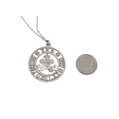 Vintage Elizabeth II 1977 Silver Jubilee openwork pendant necklace on sterling rolo chain