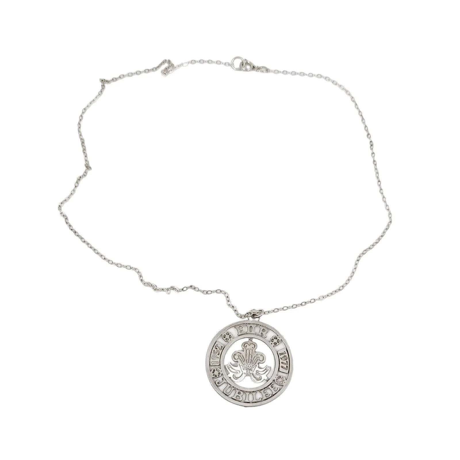 Vintage Elizabeth II 1977 Silver Jubilee openwork pendant necklace on sterling rolo chain