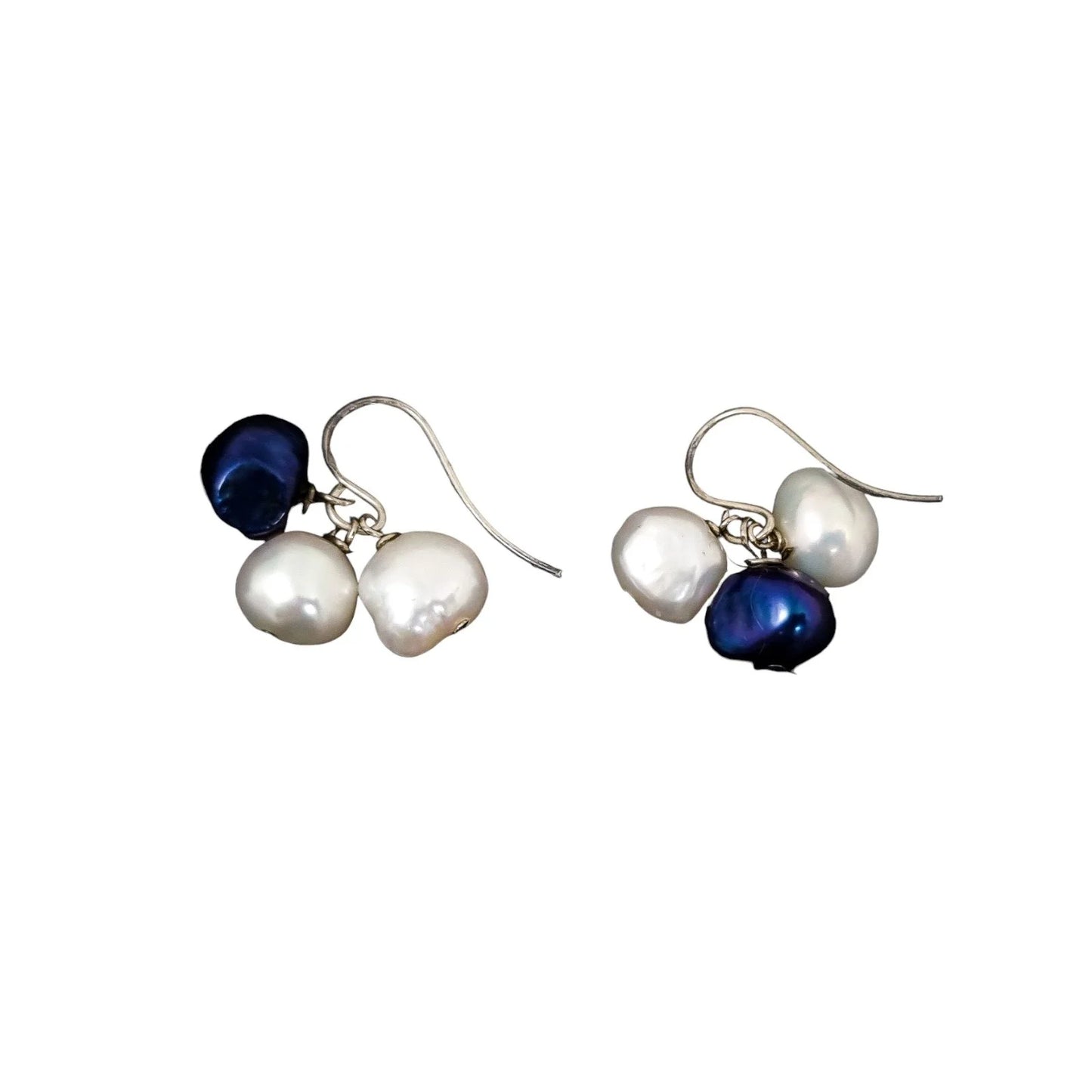 Sterling silver baroque pearl cluster drop earrings, white and night blue
