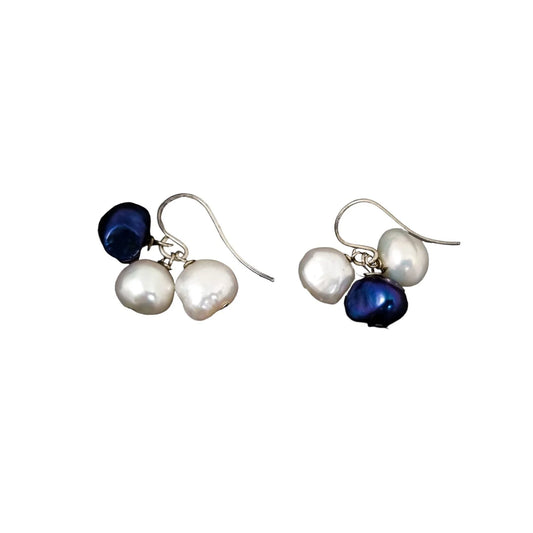 Sterling silver baroque pearl cluster drop earrings, white and night blue