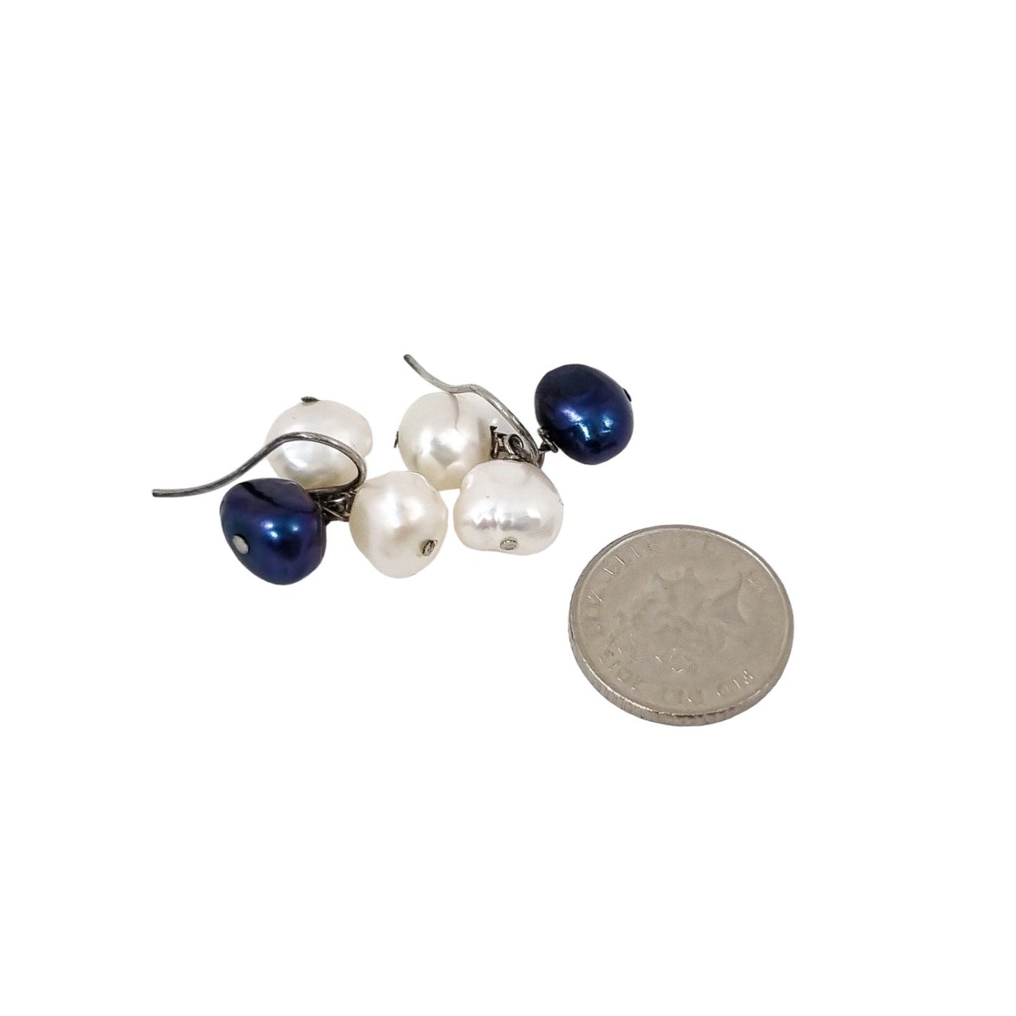 Sterling silver baroque pearl cluster drop earrings, white and night blue
