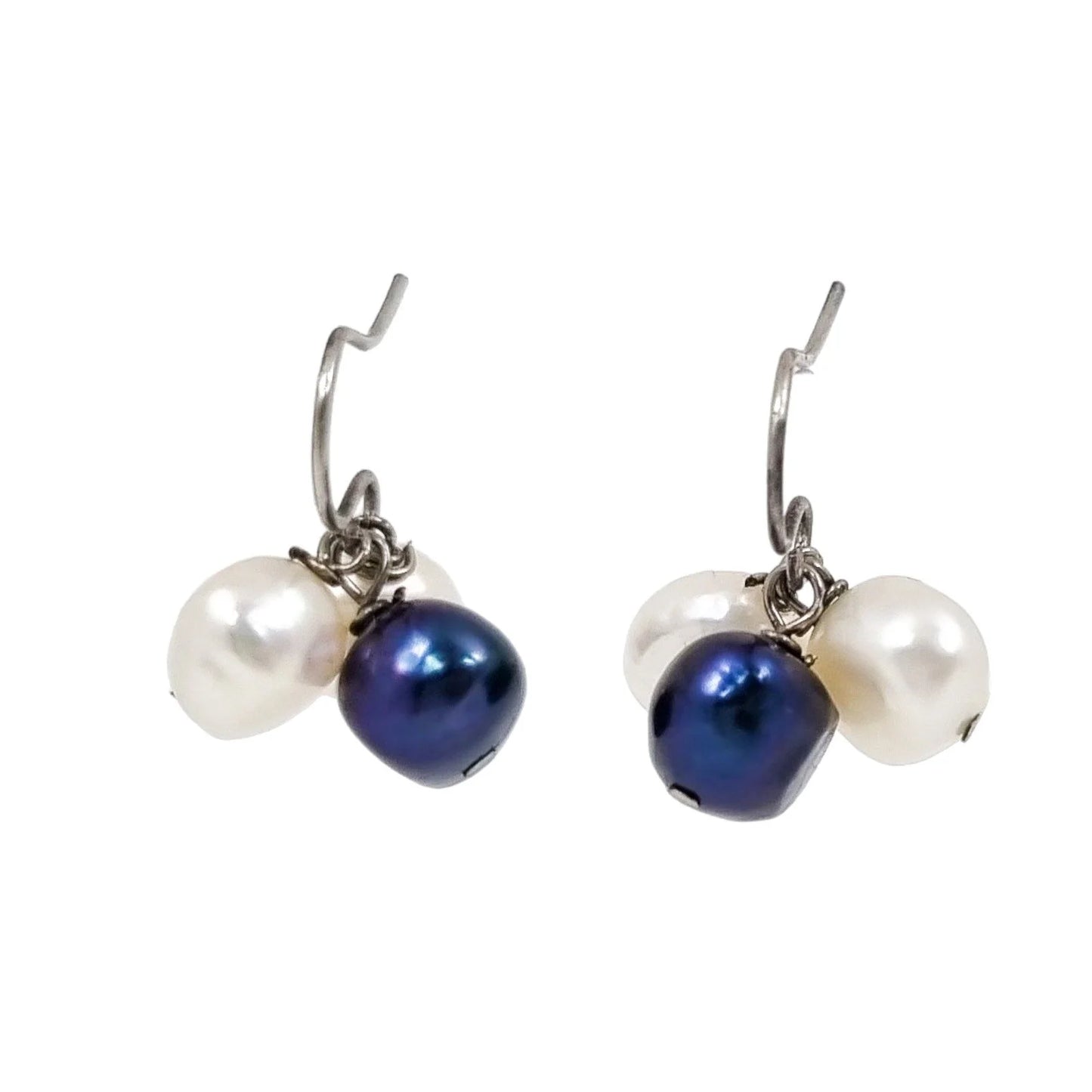 Sterling silver baroque pearl cluster drop earrings, white and night blue