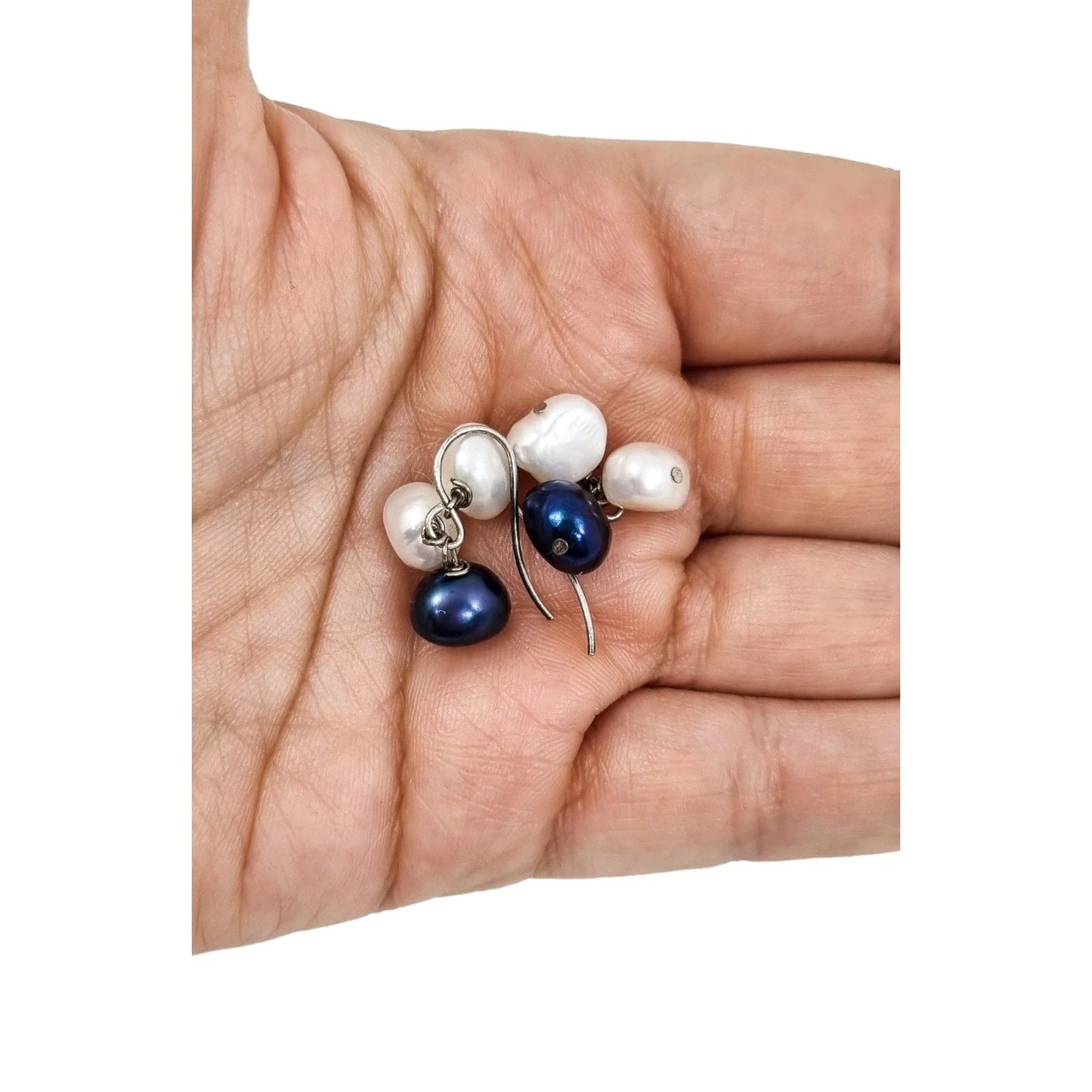 Sterling silver baroque pearl cluster drop earrings, white and night blue