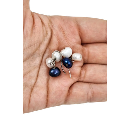 Sterling silver baroque pearl cluster drop earrings, white and night blue