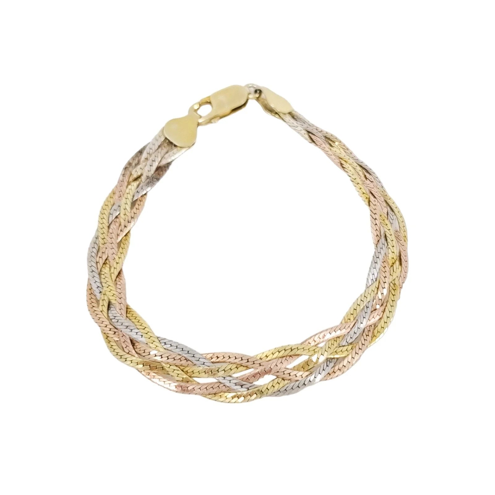 Vintage Italian 1980’s sterling silver triple-strand woven snake bracelet with yellow and rose gold-plating