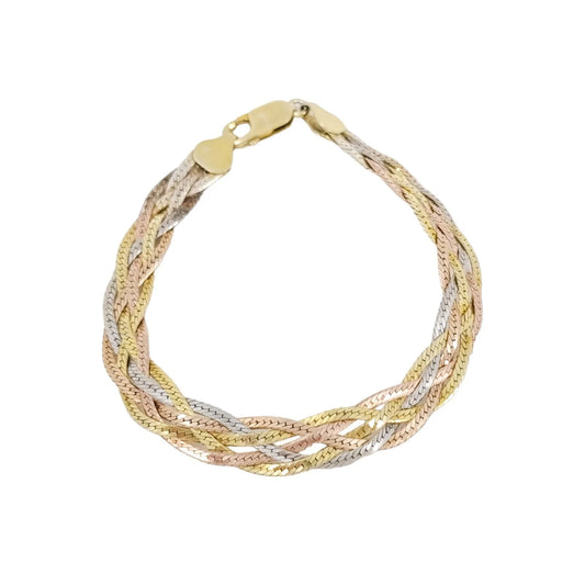 Vintage Italian 1980’s sterling silver triple-strand woven snake bracelet with yellow and rose gold-plating