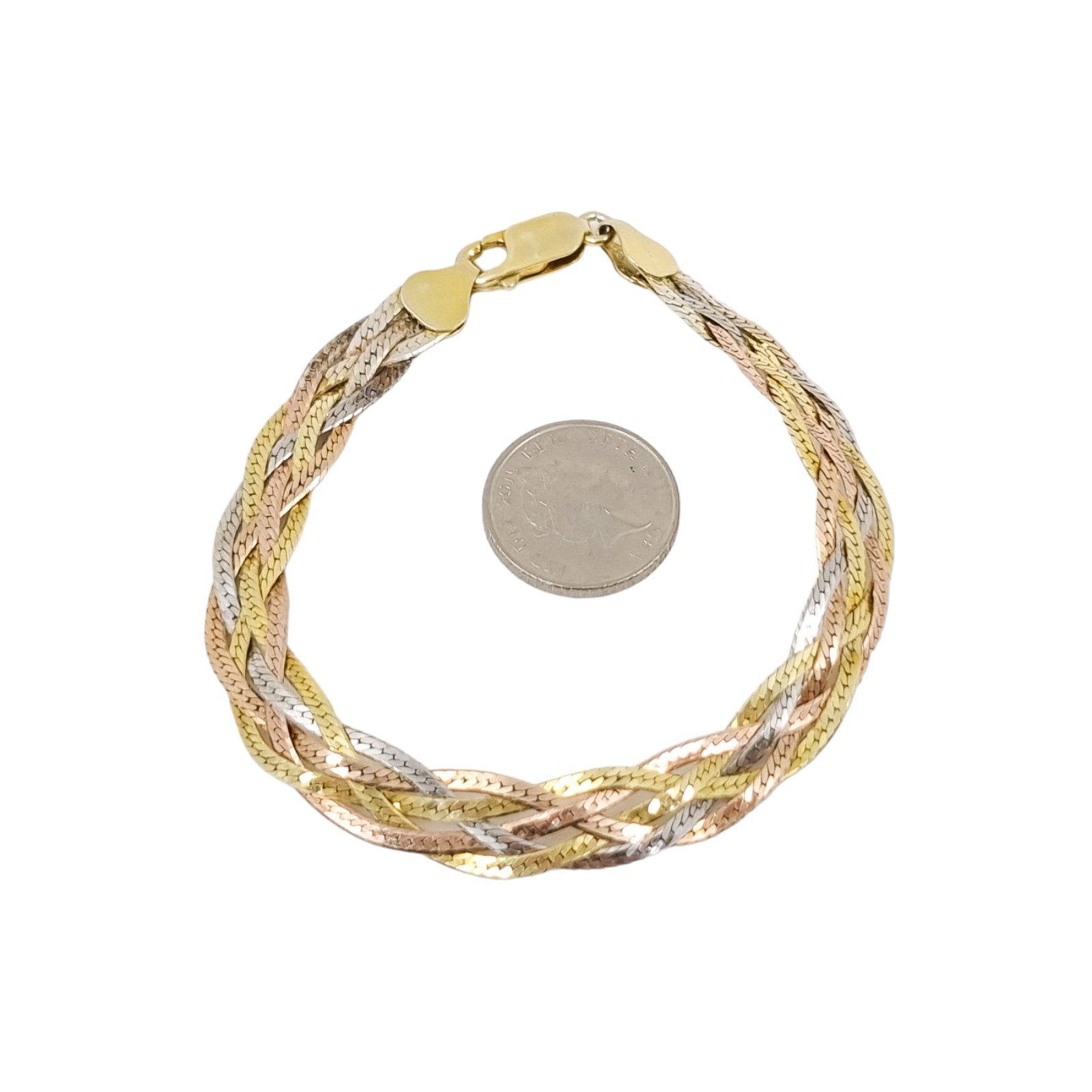 Vintage Italian 1980’s sterling silver triple-strand woven snake bracelet with yellow and rose gold-plating